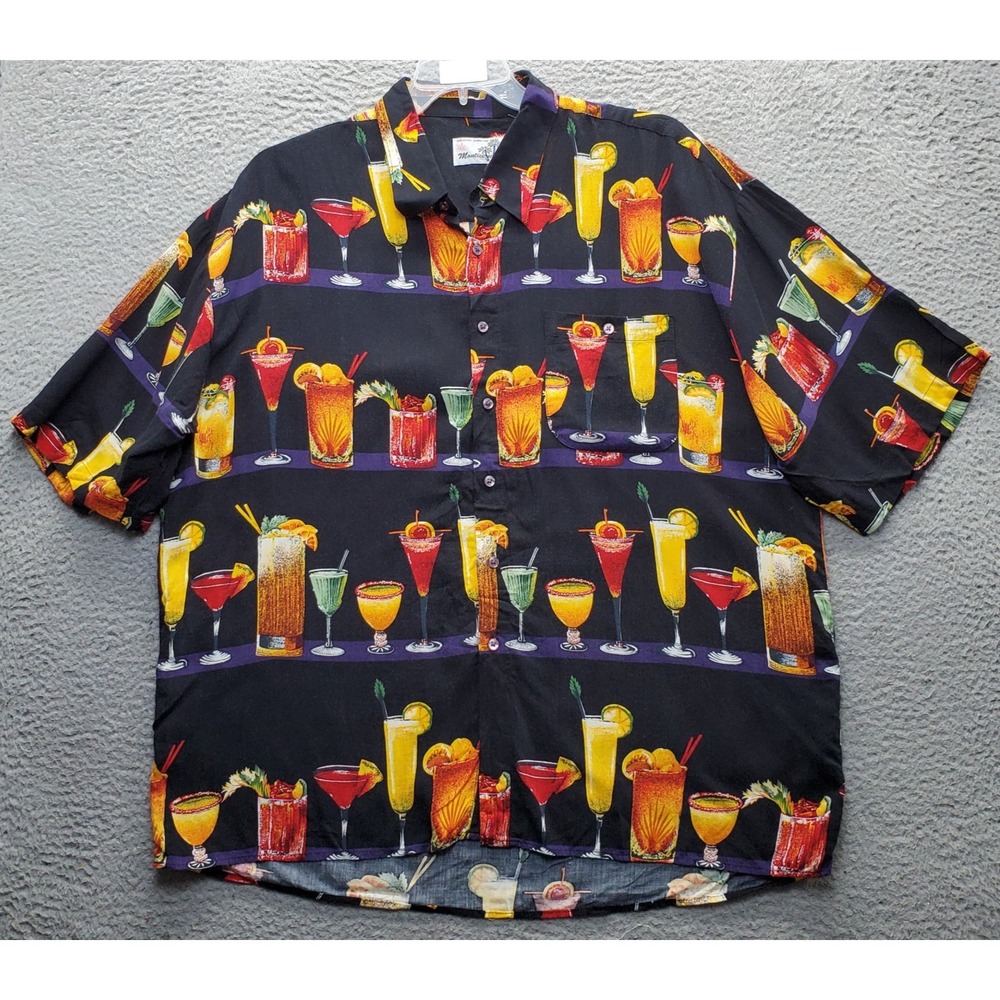 Monticello Original Hawaiian Shirt Mens XXL Multi Cocktail Drink Print Button-Up